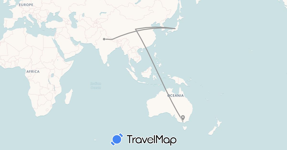 TravelMap itinerary: driving, plane in Australia, China, India, Japan, Nepal (Asia, Oceania)